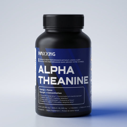 Alpha Theanine bottle front, Alpha-GPC 600mg, L-Theanine 200mg, Garlic 600mg