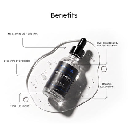Clear Dominance Niacinamide 5% + Zinc Serum key benefits infographic