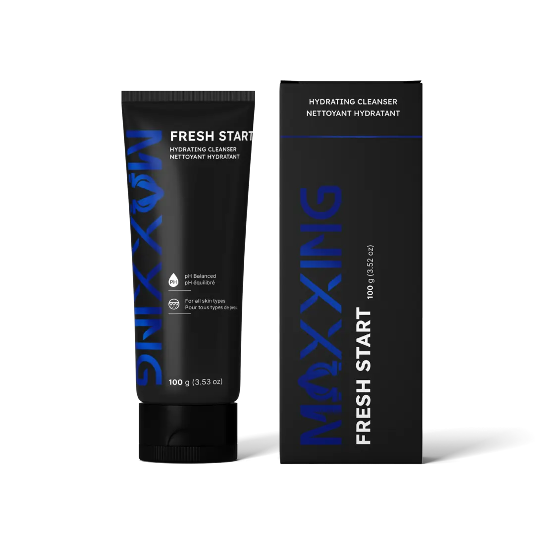 Maxxing Fresh Start hydrating cleanser tube and packaging on a white background