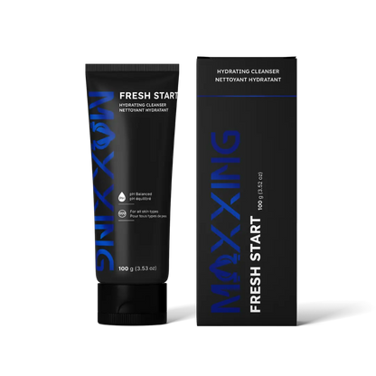Maxxing Fresh Start hydrating cleanser tube and packaging on a white background