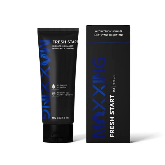 Maxxing Fresh Start hydrating cleanser tube and packaging on a white background