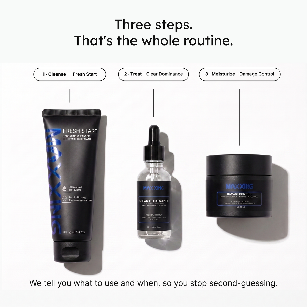 Maxxing 3-step skincare routine: Fresh Start cleanser, Clear Dominance niacinamide + zinc serum, Damage Control ceramide moisturizer