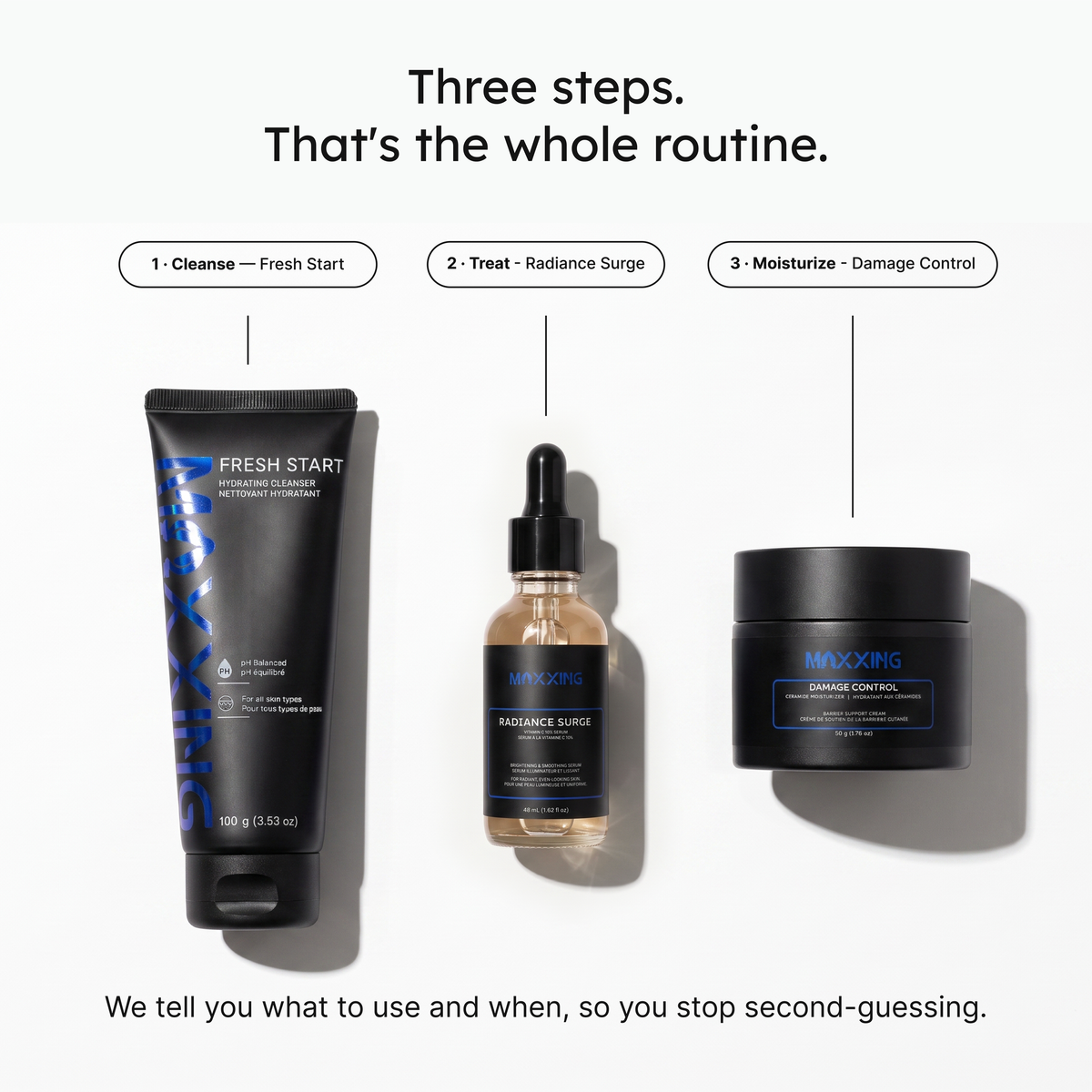 Maxxing 3-step skincare routine: Fresh Start cleanser, Radiance Surge vitamin C serum, Damage Control ceramide moisturizer