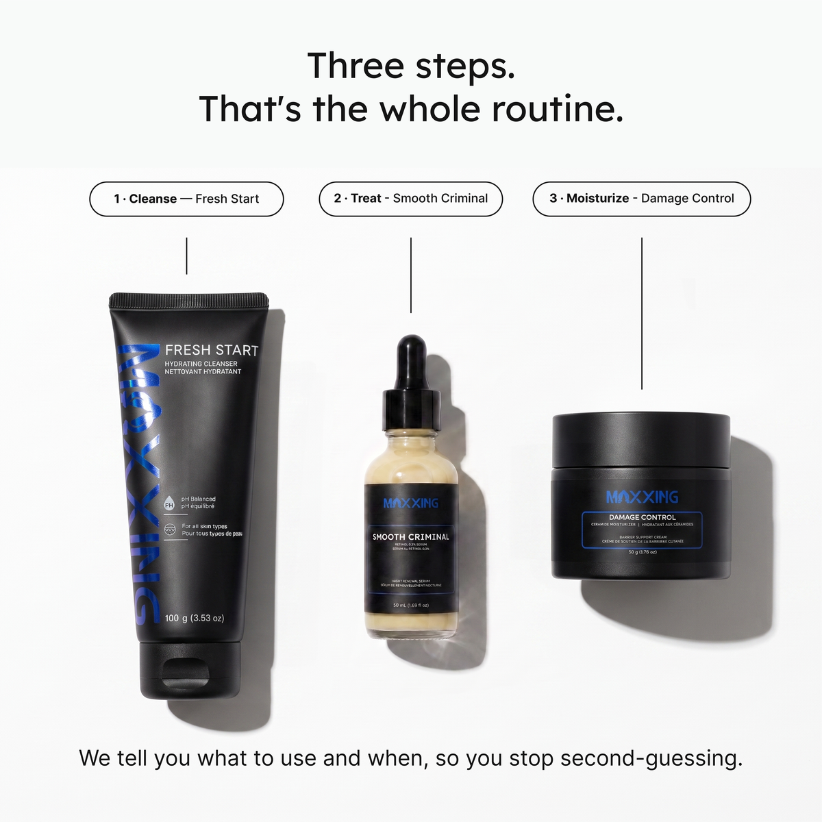 Maxxing 3-step skincare routine: Fresh Start cleanser, Smooth Criminal retinol night serum, Damage Control ceramide moisturizer