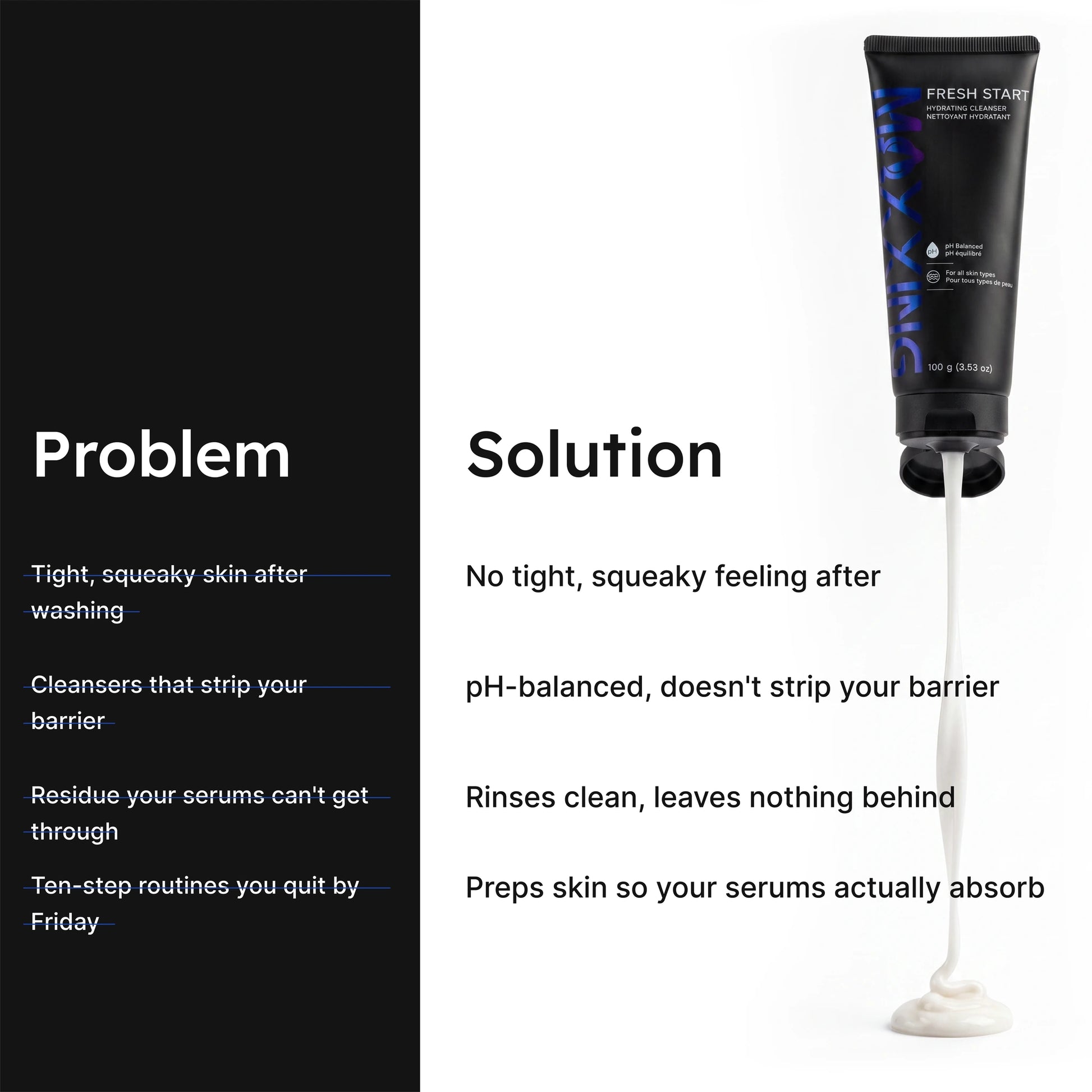 Fresh Start Hydrating Cleanser problem and solution infographic