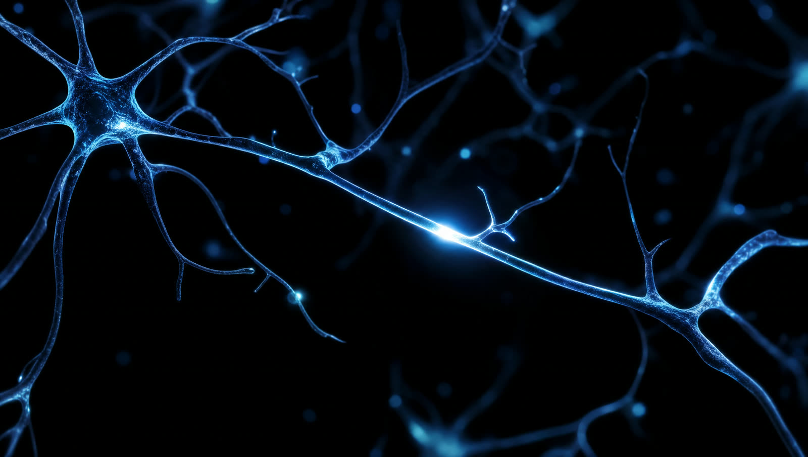 Electric blue neural filaments carrying a signal through darkness
