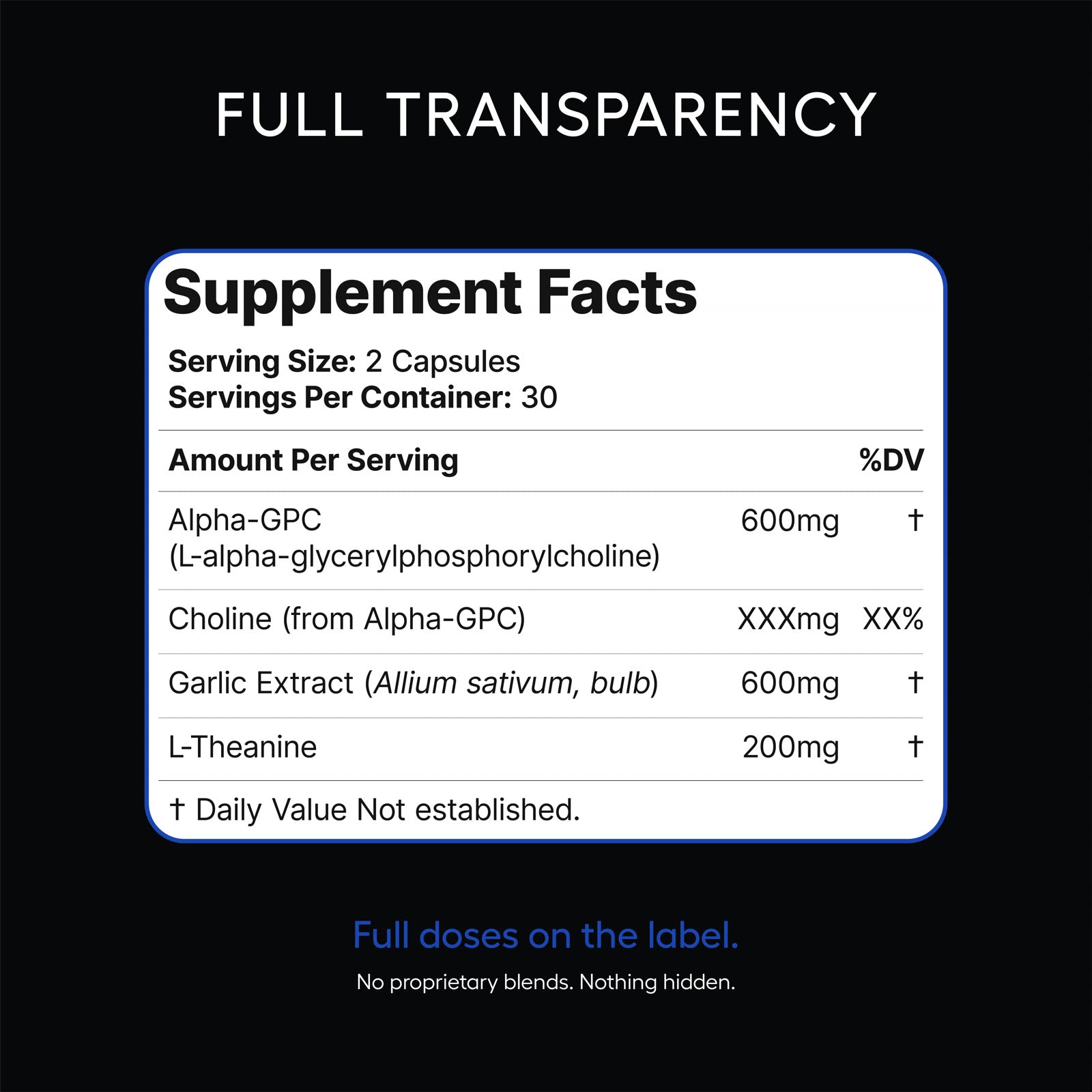 Alpha Theanine supplement facts: 2 capsules per serving, 30 servings, Alpha-GPC 600mg, Garlic Extract 600mg, L-Theanine 200mg, no proprietary blends