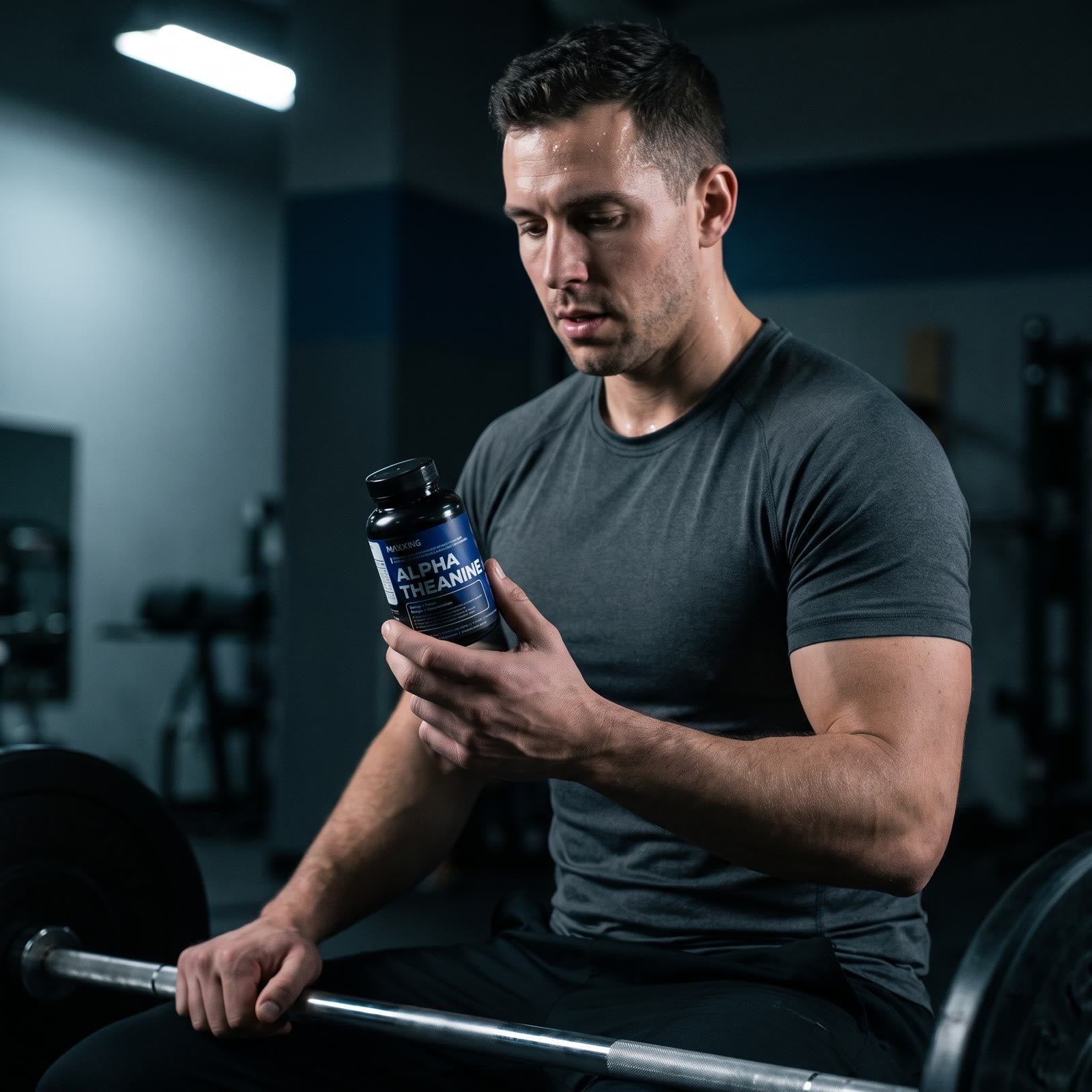Man resting between sets in the gym, Alpha Theanine in hand
